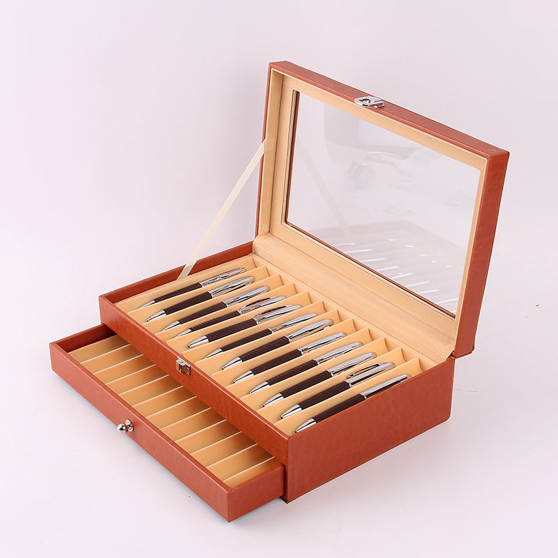 En stock caja de la pluma al por mayor 24 pluma de cuero caja de presentación 24-bit PU pluma caja de almacenamiento caja de papelería