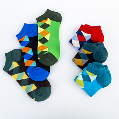 Cross-border new fashion colorful boat socks with 6 colors and diamond patterns, wholesale happy casual boat socks