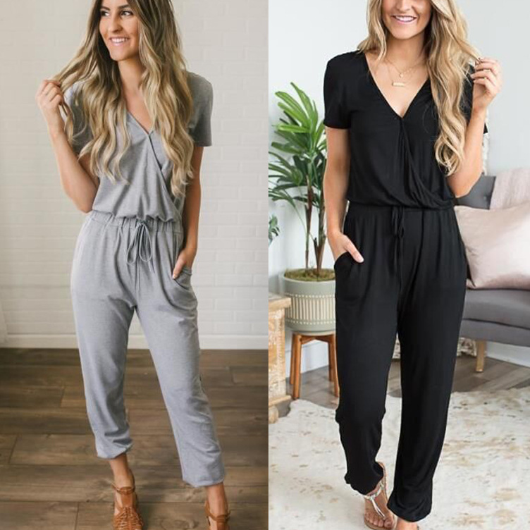Cross-Border 2023 Amazon Hot Style Wish Autum Casual Women's Clothing New European and American Hot Selling Deep V Cross Jumpsuit