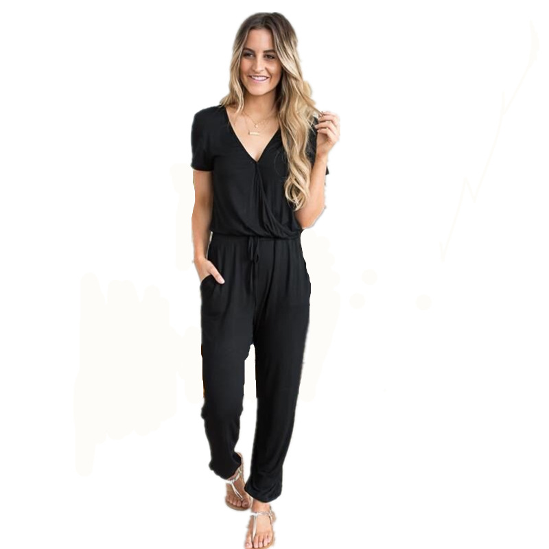 Cross-Border 2023 Amazon Hot Style Wish Autum Casual Women's Clothing New European and American Hot Selling Deep V Cross Jumpsuit