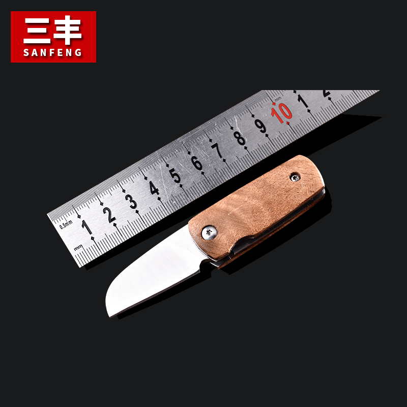 户外迷你木柄折叠刀 小直刀野外求生防身便携刀具 便携式旅游折刀