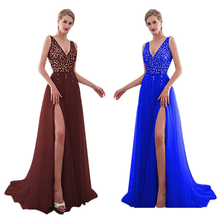Vestido largo de noche con lentejuelas, escote en V pronunciado y espalda descubierta, estilo celebridad, nueva colección europea y americana de ropa de mujer para Amazon 2025. image 5