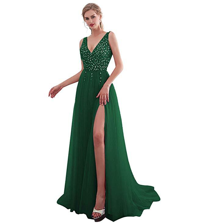 Vestido largo de noche con lentejuelas, abertura, escote en V pronunciado y espalda descubierta, estilo celebridad, de la nueva colección europea y americana de Amazon para mujer, 2025.