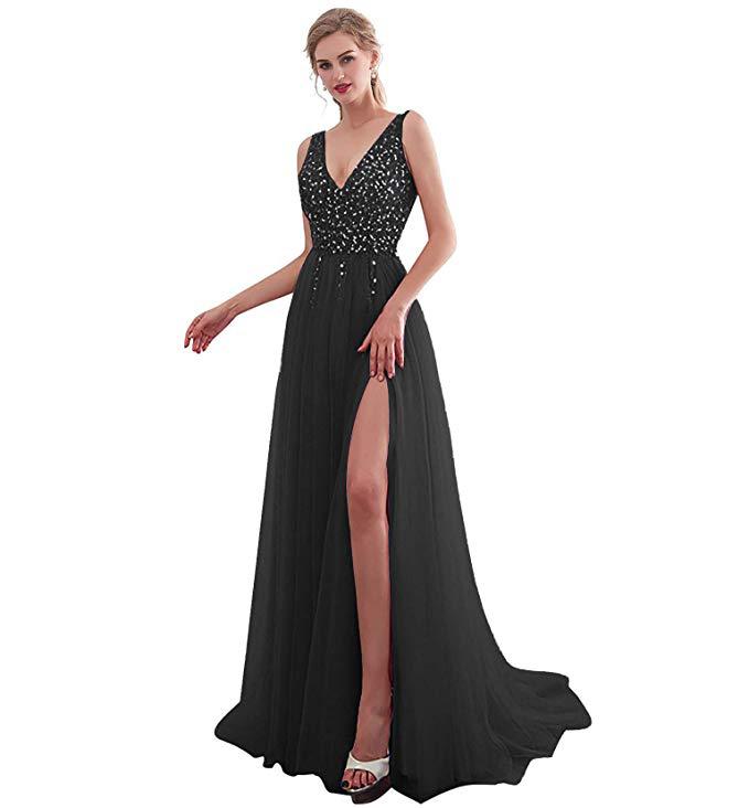 Vestido largo de noche con lentejuelas, abertura, escote en V pronunciado y espalda descubierta, estilo celebridad, de la nueva colección europea y americana de Amazon para mujer, 2025.