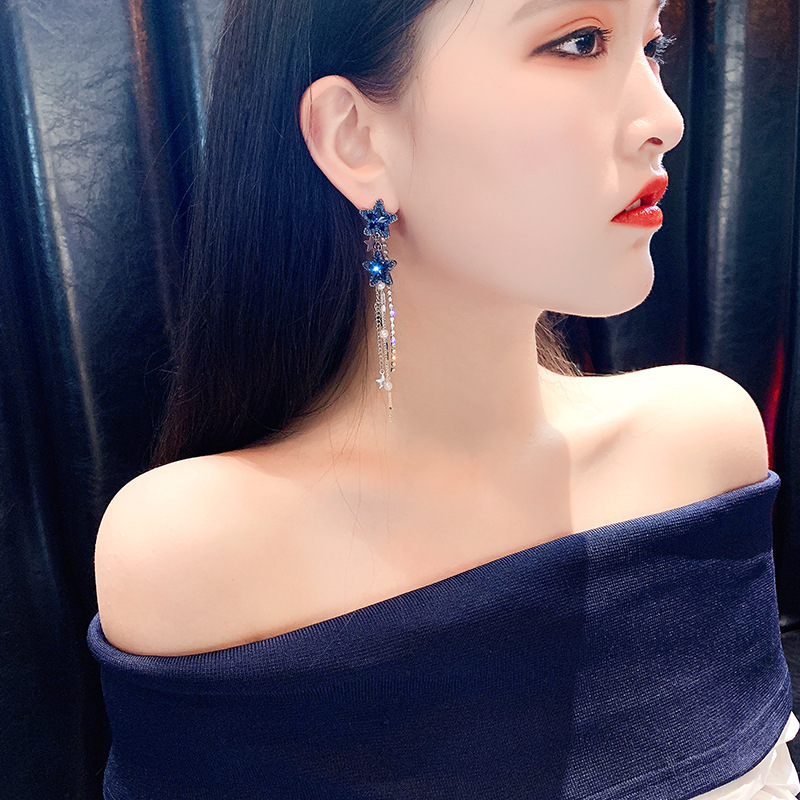 S925 aguja de plata europea y americana exagerada larga borla pendientes de moda temperamento estrella de cinco puntas pendientes de diamantes de imitación pendientes femeninos al por mayor