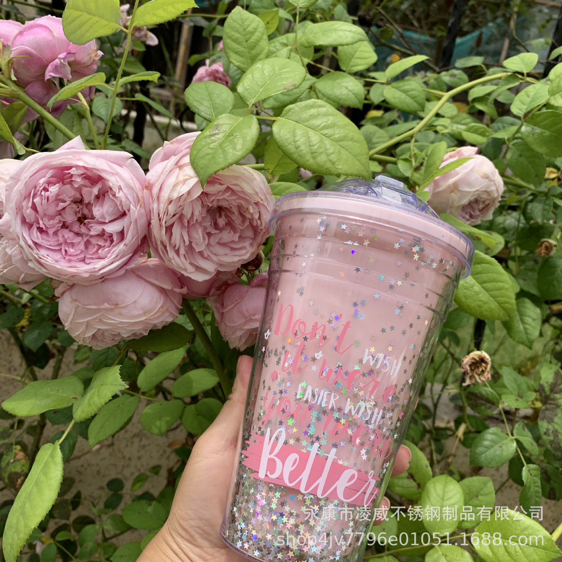 Estrella Glitter push cubierta taza de paja de plástico doble como rosa brillante taza de agua 450mL Navidad taza de muñeca creativa S taza