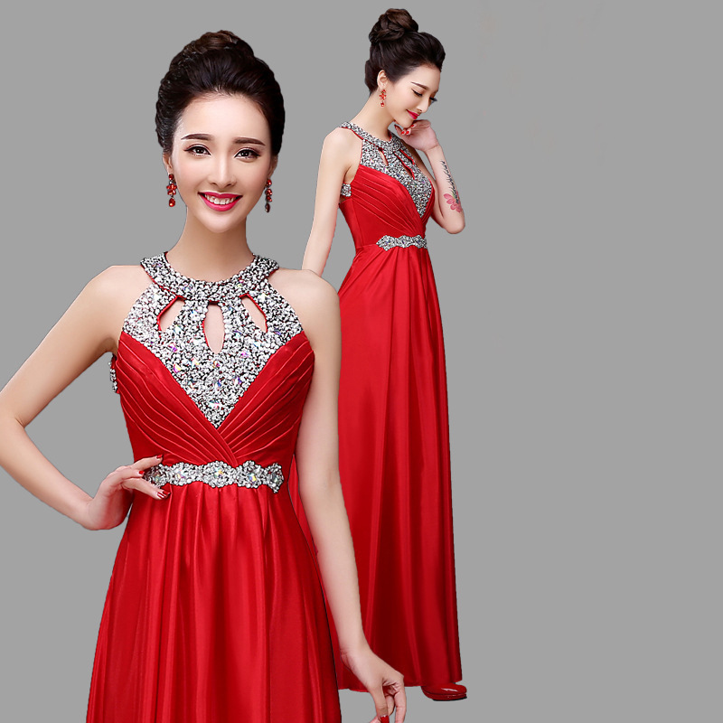 2025 New Toast Wear Long Slim Bridal Wedding Dress Sleeveless Halter Red Banquet Evening Dress for Women