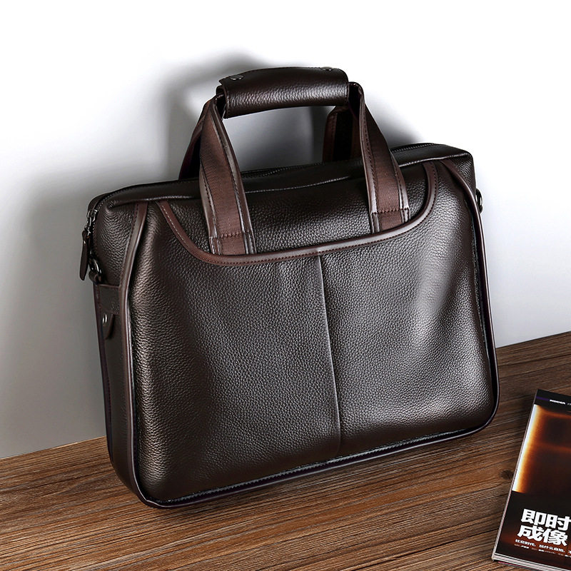 Túi đeo chéo nam da bò thật vân vải thiều, túi đeo vai ngang kiêm túi xách công sở 37×27×9 cm — Màu cà phê, Màu đen