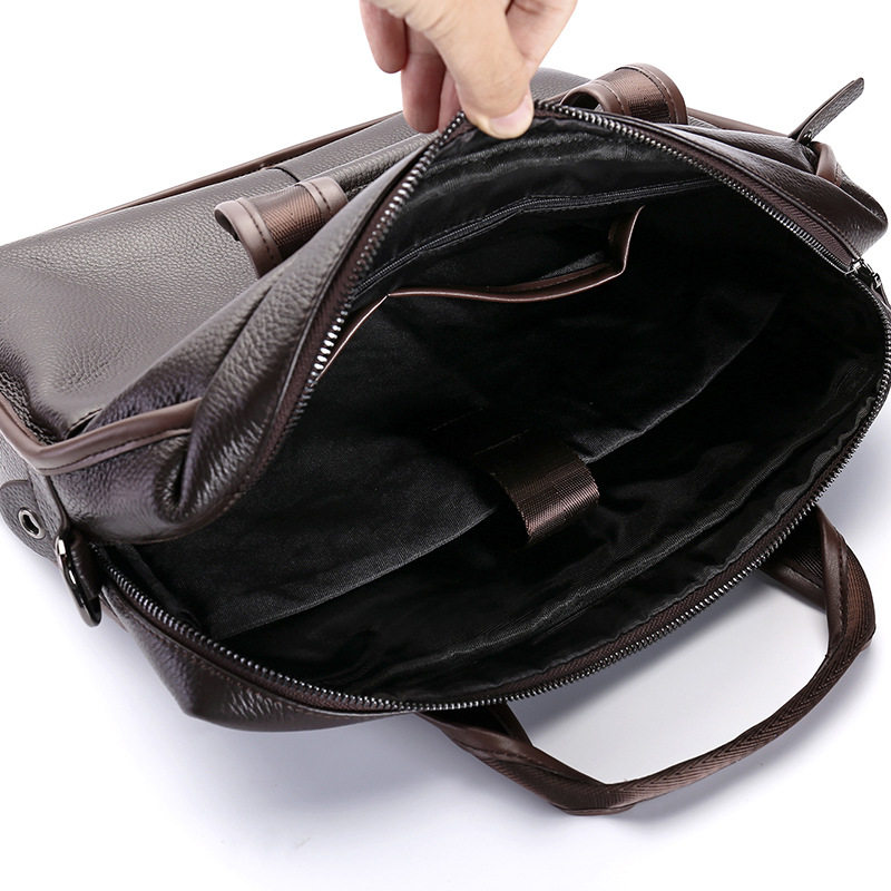 Túi đeo chéo nam da bò thật vân vải thiều, túi đeo vai ngang kiêm túi xách công sở 37×27×9 cm — Màu cà phê, Màu đen
