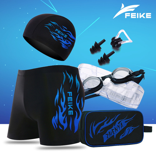 Men's swimming trunks for hot spring boxers, comfortable large size adult quick-drying flame swimming trunks, swimming goggles, swimming cap, swimming suit