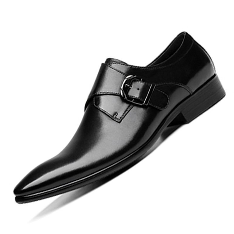 New pointed business leather shoes men's buckle shoes Metal buckle men's shoes_voghion.com