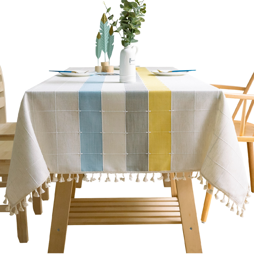 Modern Minimalist Plaid Rectangular Fabric Tablecloth with Four-Color Stripes for Photo Decoration, Round Table Cover, Wholesale Dining Tablecloth