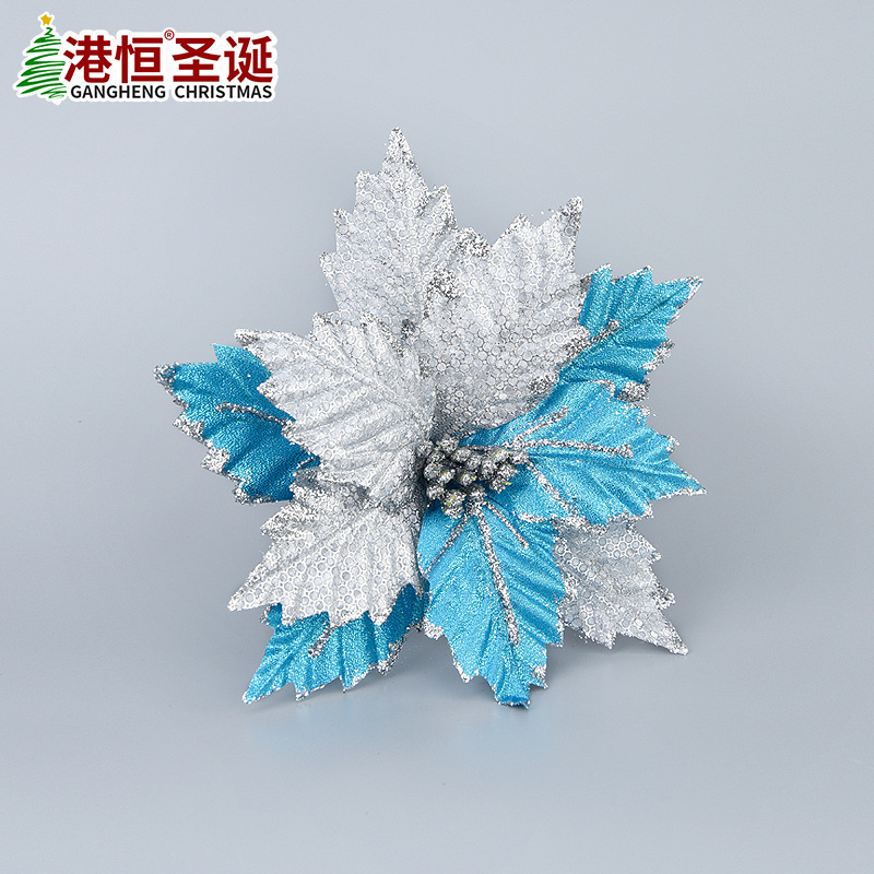 Amazon nueva plata azul de doble capa de Navidad Flor de Navidad árbol de Navidad simulación rama flor brillo decoraciones de flores