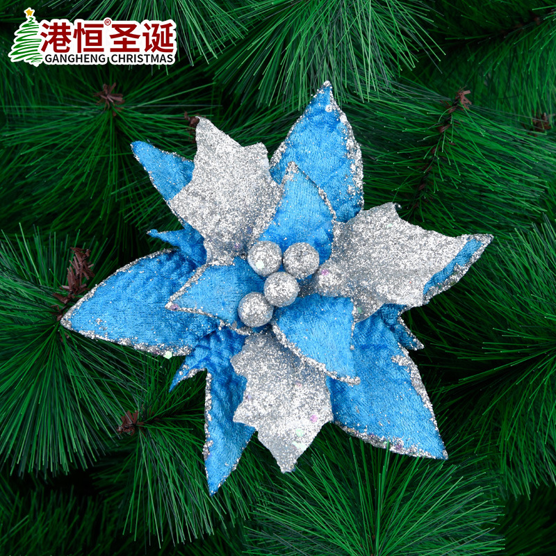 Amazon nueva plata azul de doble capa de Navidad Flor de Navidad árbol de Navidad simulación rama flor brillo decoraciones de flores