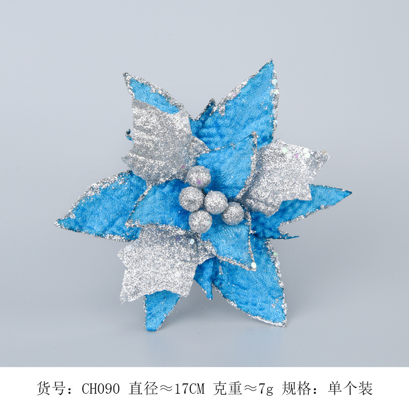 Amazon nueva plata azul de doble capa de Navidad Flor de Navidad árbol de Navidad simulación rama flor brillo decoraciones de flores