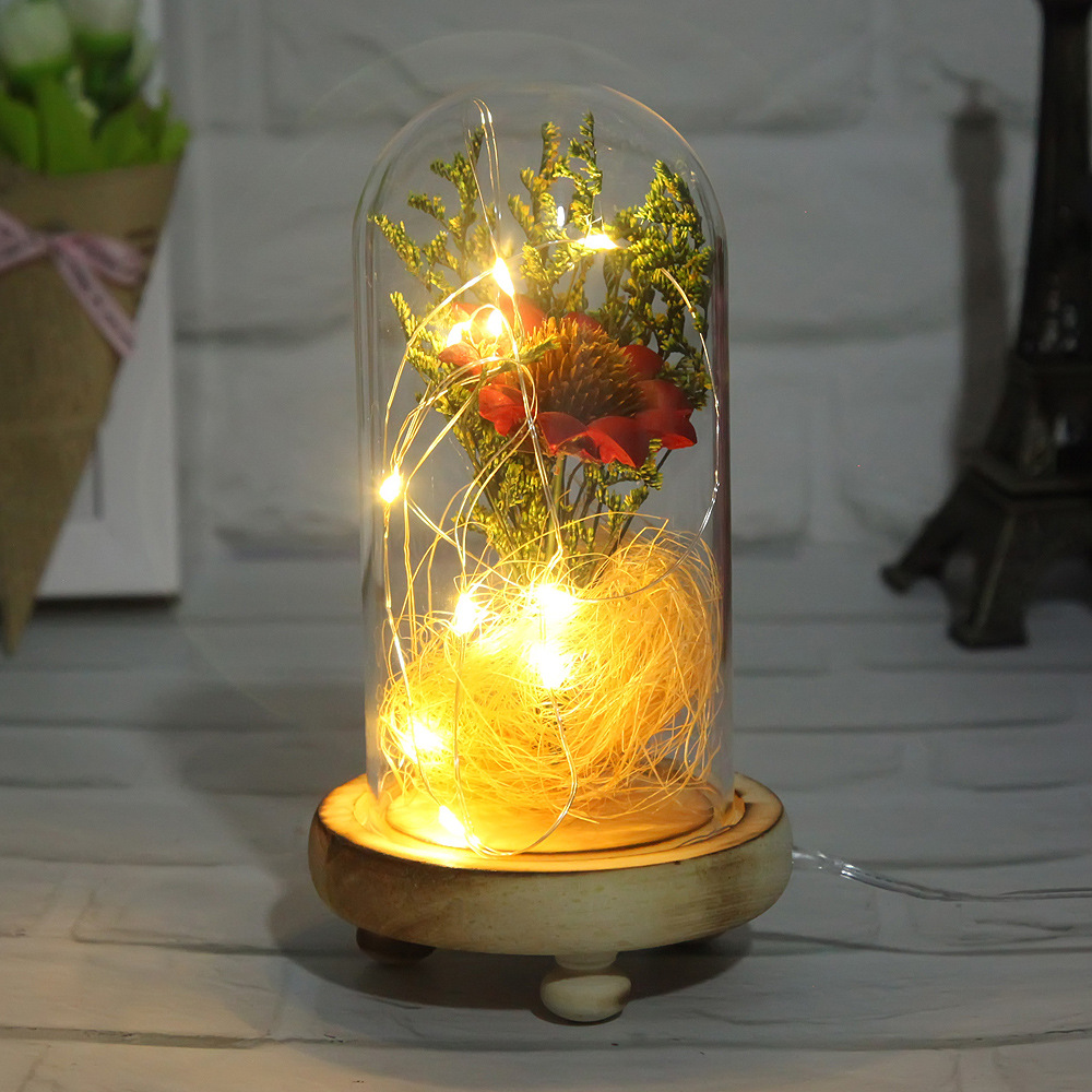 Productos de fábrica flor seca decoración micro paisaje amarillo girasol cubierta de vidrio bricolaje hecho a mano flor eterna lámpara de mesa al por mayor