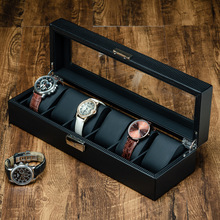 碳纤维纹皮质手表盒子玻璃天窗腕表机械表手链首饰带锁收纳展示箱