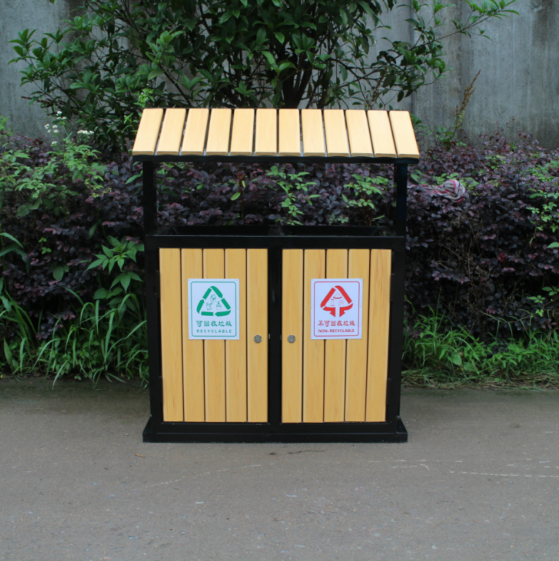 Steel-Wood Trash Can for Residential Areas and Streets, Dual-Category Galvanized Steel and Plastic Wood Combination Craft Trash Bin, Galvanized Steel-Wood Steel-Wood Trash Can for Residential Areas and Streets, Dual-Category Galvanized Steel and Plastic Wood Combination Craft Trash Bin, Galvanized Steel-Wood