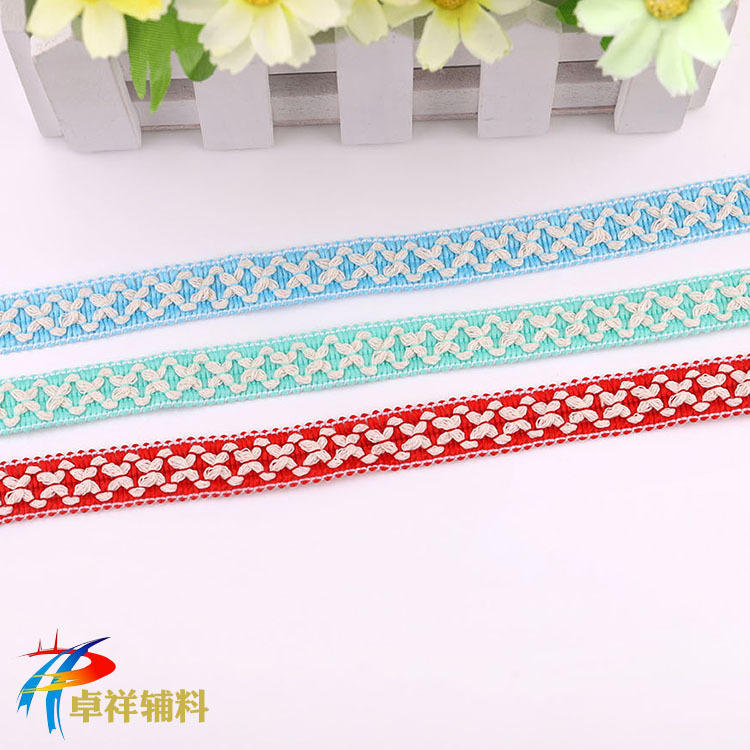 现货批发环保1.4厘米彩色小方格涤纶花边 服装辅料 棉线花边批发