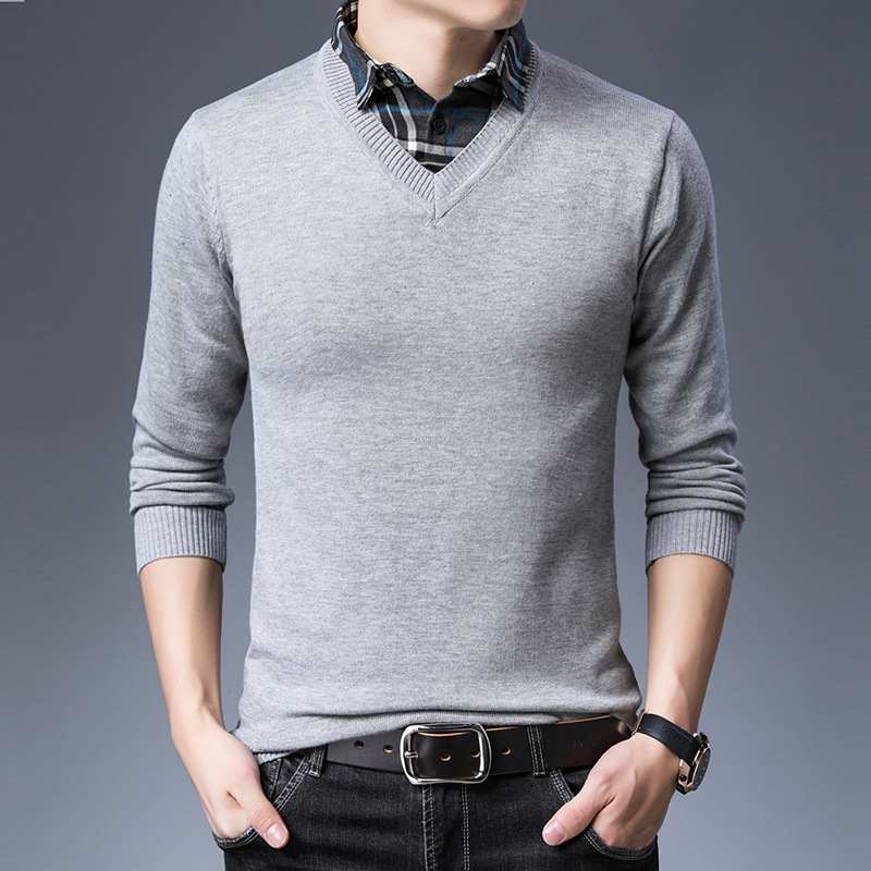 Spring and Autumn New Men's Shirt Collar Pullover Fake Two-piece Sweater Casual Men's Youth Long-sleeved Knitted Shirt Base Shirt