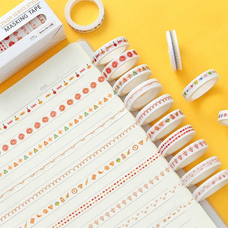 Washi Masking Tape Set, 8 mm, Rainbow Base Multi-Color Decorative Rolls