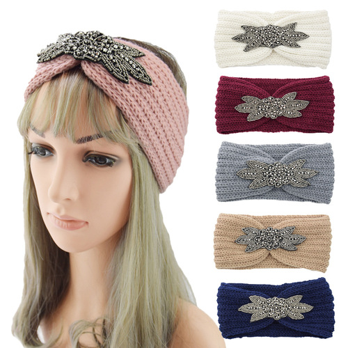 European and American diamond-encrusted six-leaf gemstone knitted wool headband sports headband headband handmade headband knitted warm hair accessories
