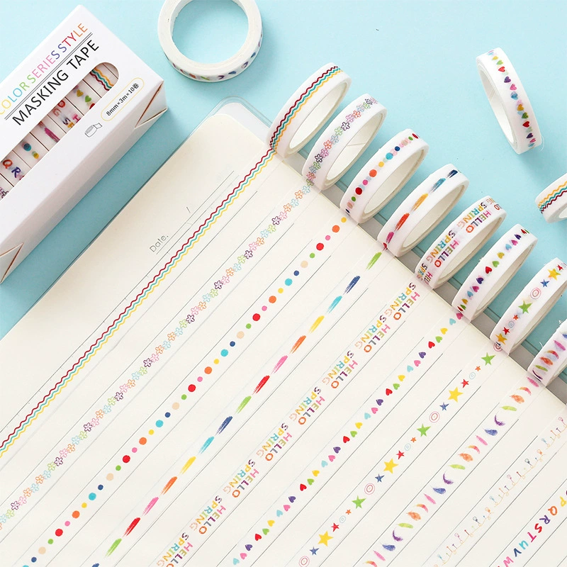 Washi Masking Tape Set, 8 mm, Rainbow Base Multi-Color Decorative Rolls