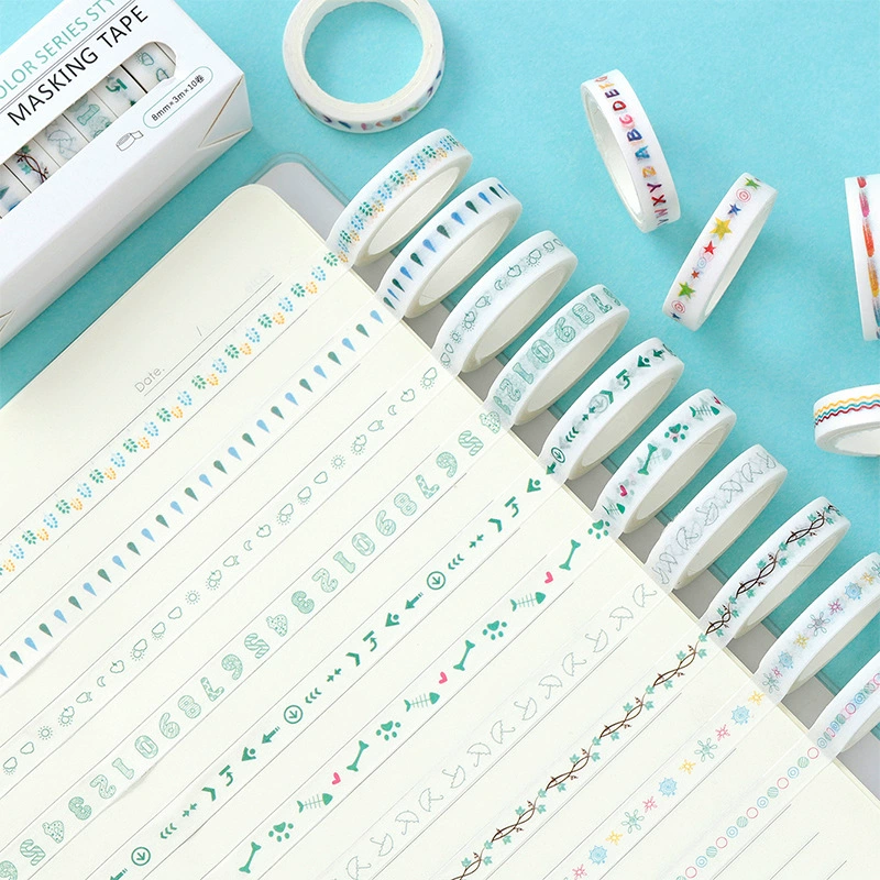 Washi Masking Tape Set, 8 mm, Rainbow Base Multi-Color Decorative Rolls
