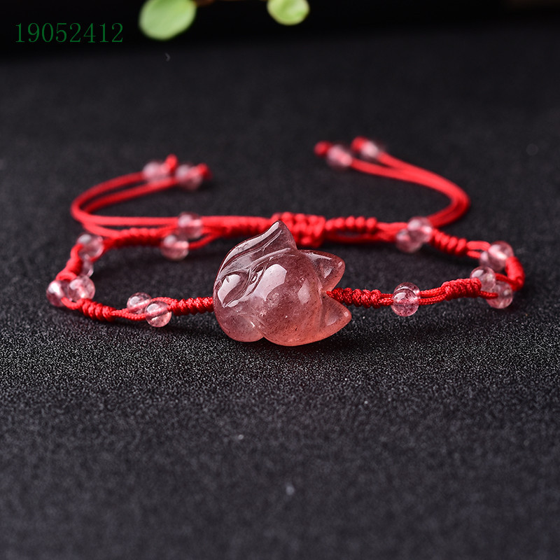 Natural Strawberry crystal big head cute fox bracelet female red rope Fox anklet wholesale strawberry Crystal cute fox red rope