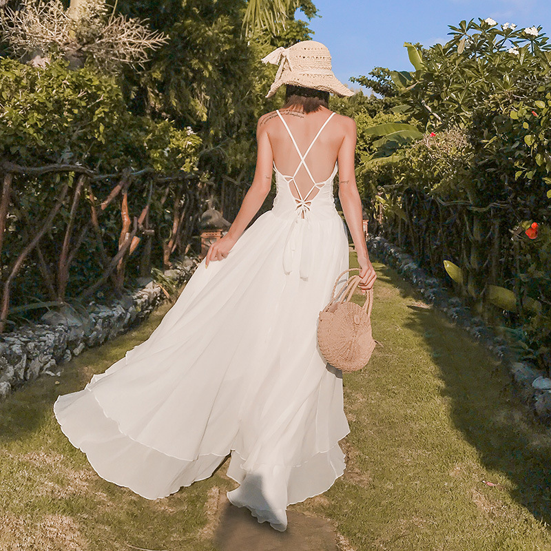 Real Shot Super Fairy Irregular Dovetail Sling Dress Cross Backless Strap Wedding Dress Holiday Beach Long Dress