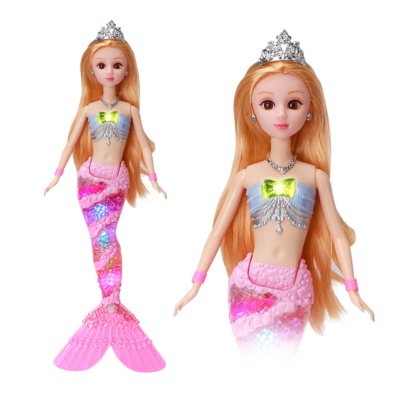 Fábrica al por mayor nuevos niños sirena juguete música ligera sirena princesa Barbie muñeca traje caja de regalo