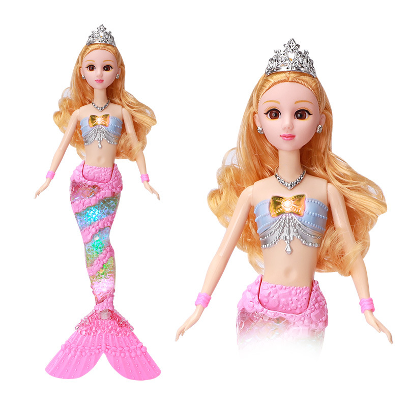 Fábrica al por mayor nuevos niños sirena juguete música ligera sirena princesa Barbie muñeca traje caja de regalo
