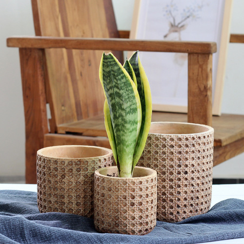 European retro cement flowerpot Mediterranean indoor potted woven bamboo personalized creative green plant pot large size