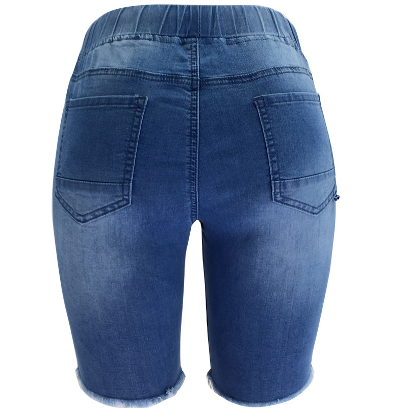 Shorts de Mezclilla Azul de Lavado Medio, Elásticos, de Cintura Media, Rotos, Estilo Europeo y Americano, Primavera 2025