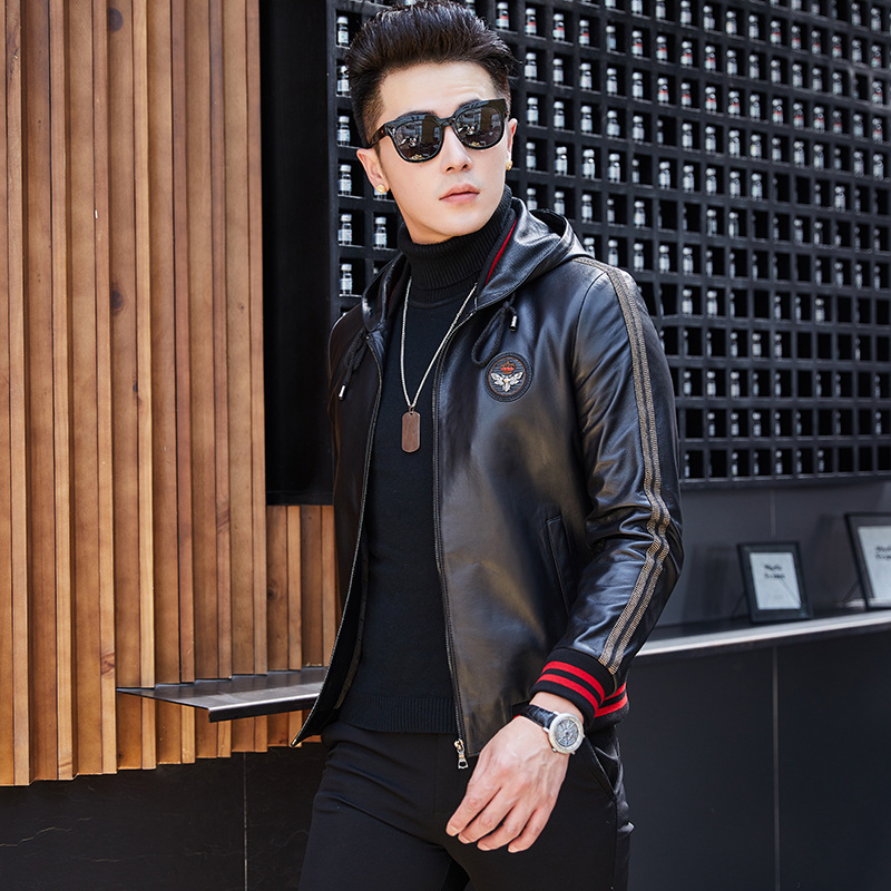 New Sheepskin Genuine Leather Men's Hooded Casual Wear Spring and Autumn Thin Haining Leather Jacket Single Jacket