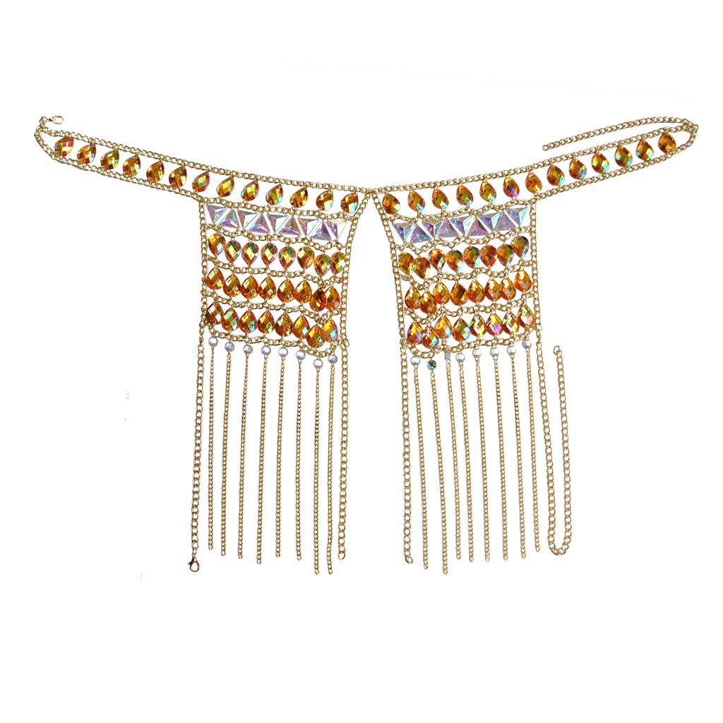 Cadena de pecho popular de Amazon para el verano, accesorios de moda para el pecho de Amazon, cadena de sujetador con borlas de acrílico, cadena corporal
