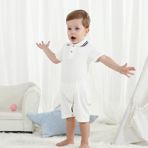 Newborn Baby Bodysuit Polo Collar Baby Clothes Summer Short Sleeve Thin Baby Clothes Solid Color Hati