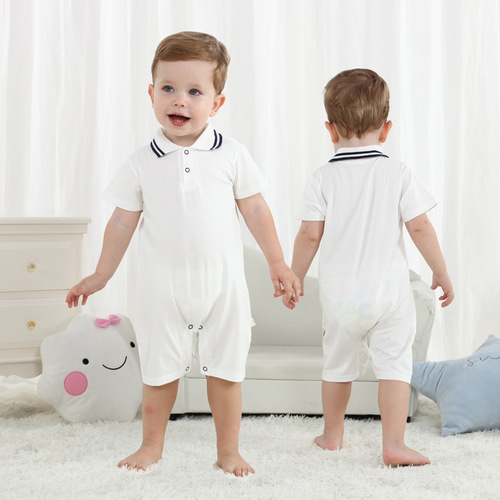 Newborn Baby Bodysuit Polo Collar Baby Clothes Summer Short Sleeve Thin Baby Clothes Solid Color Hati