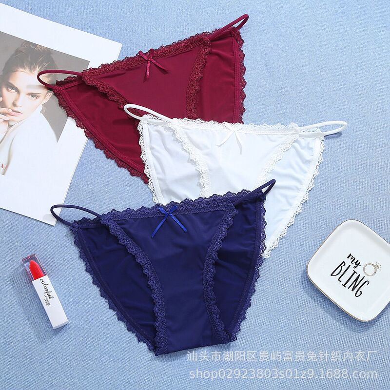 Women's Lace Panties with Pure Cotton Crotch, Ice Silk Thin Straps, Low-Waist, Young Ladies' Summer Thin Breathable Seamless Briefs with Pure Cotton Crotch