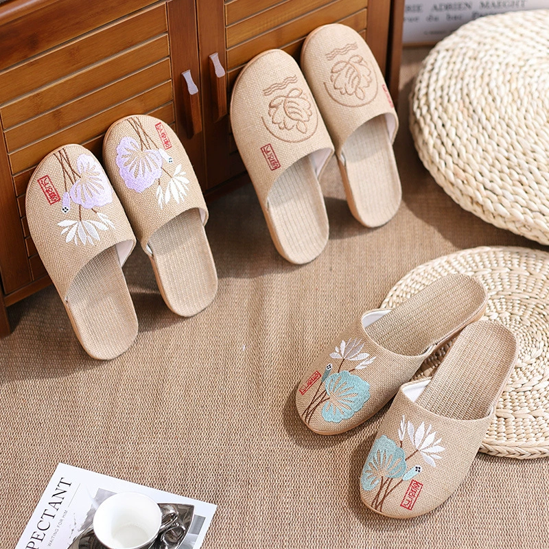 Льняные тапочки на плоской подошве с вышивкой, 21 летняя коллекция, для домашнего использования, конфетных цветов, для мужчин и женщин (пар).