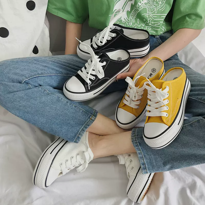 ins帆布鞋女鞋20252韩版包头内增高半拖鞋女夏无后跟懒人鞋女8057