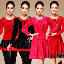 Y18款 湘银之舞金色珠片蝴蝶结冬季新款韩国绒舞蹈表演服团队套装