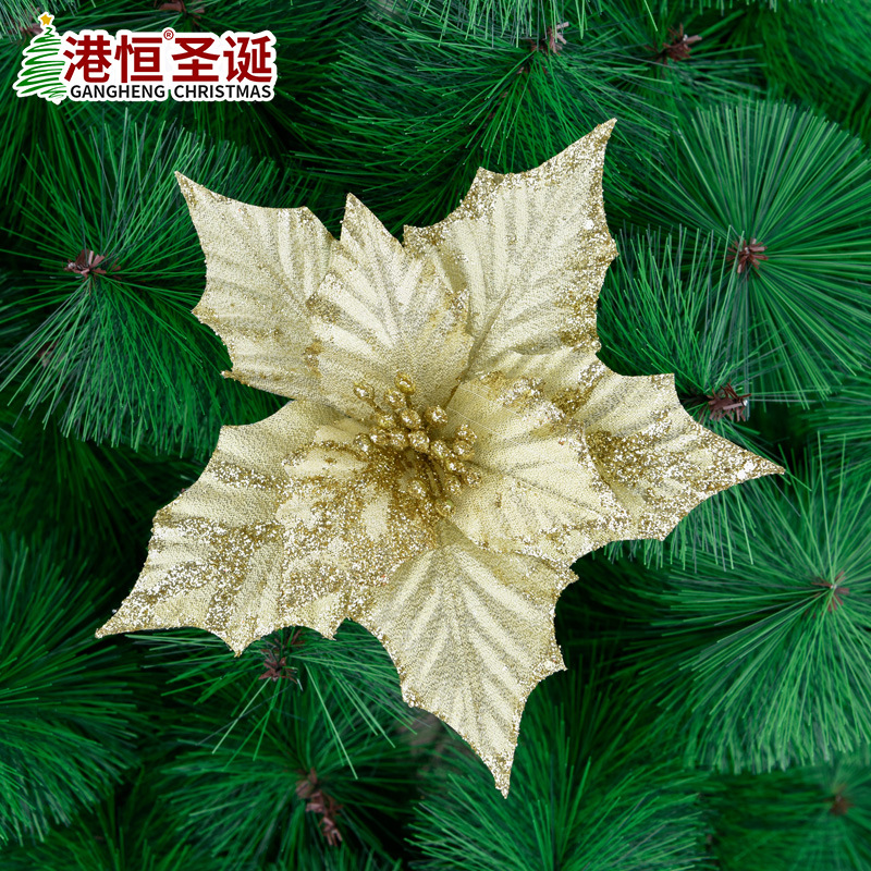 Flores navideñas hechas a mano con doble capa de polvo dorado simulado y esquinas puntiagudas, decoraciones navideñas, arreglos florales de tela navideña y adornos.
