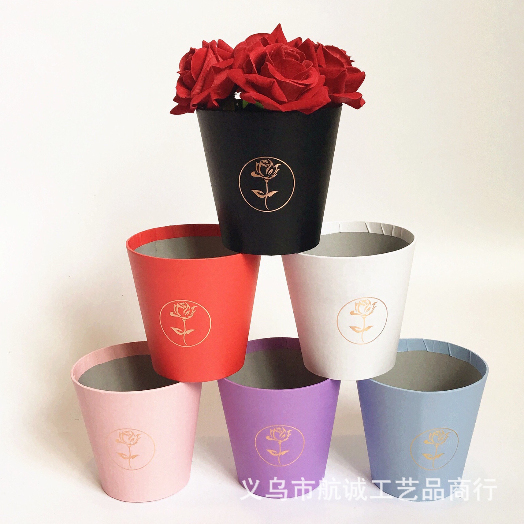 圆形超小号手捧鲜花手杯礼盒多色烫金简约情人节单朵鲜花礼盒