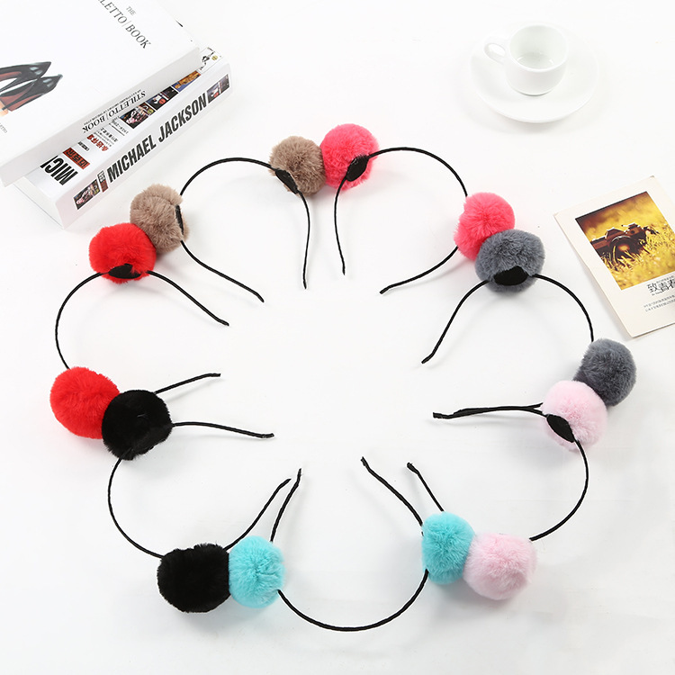 Celebridad estilo de moda estilo coreano conejo-como felpa doble Bola de piel diadema lindo dibujos animados vacaciones cabeza creativa hebilla para el comercio electrónico
