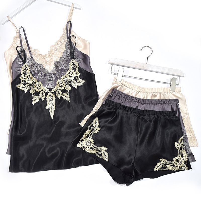Summer silk Mulberry silk pajamas women's camisole shorts two-piece sexy lace large size home clothes 3XL Summer silk Mulberry silk pajamas women's camisole shorts two-piece sexy lace large size home clothes 3XL