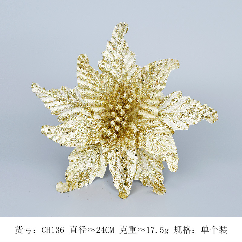 Flores navideñas hechas a mano con doble capa de polvo dorado simulado y esquinas puntiagudas, decoraciones navideñas, arreglos florales de tela navideña y adornos.