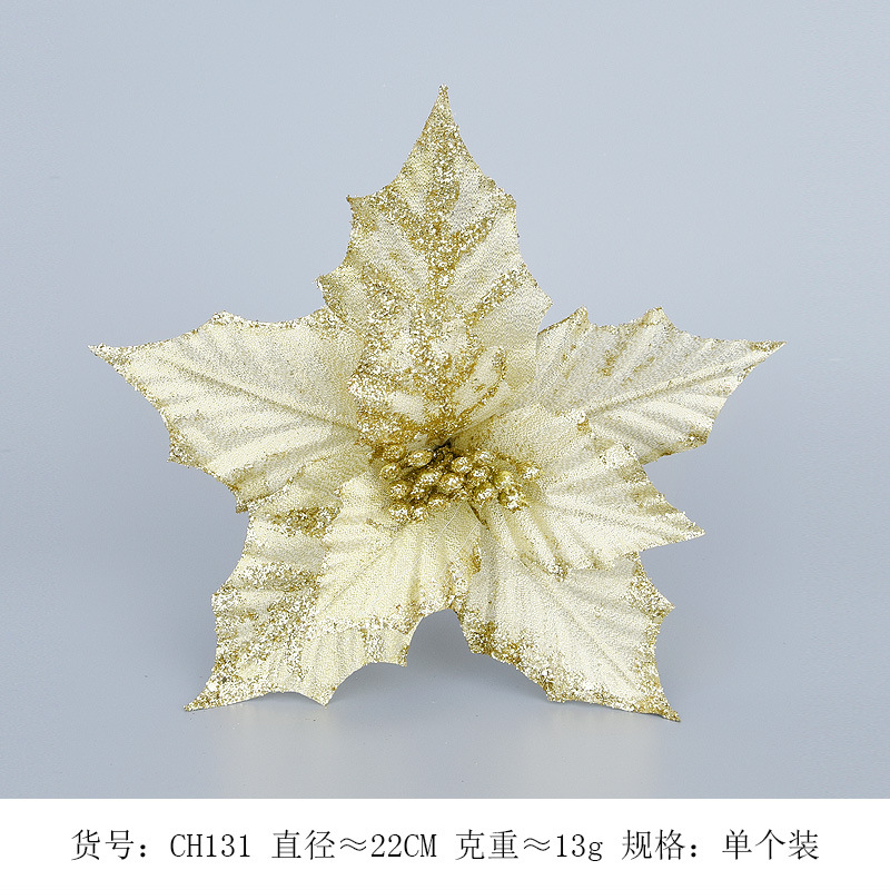 Flores navideñas hechas a mano con doble capa de polvo dorado simulado y esquinas puntiagudas, decoraciones navideñas, arreglos florales de tela navideña y adornos.