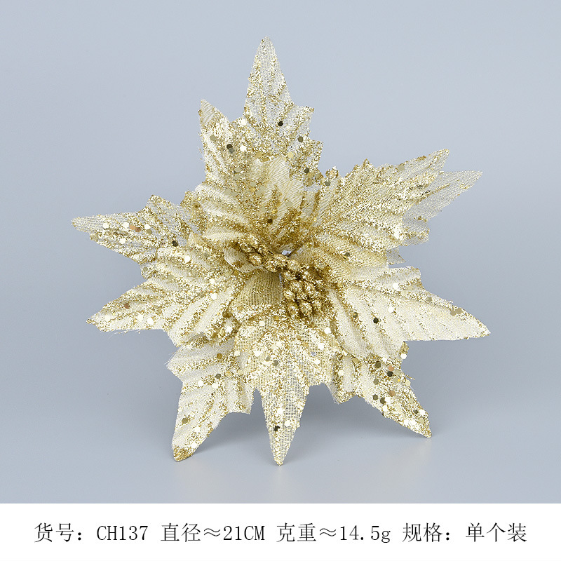 Flores navideñas hechas a mano con doble capa de polvo dorado simulado y esquinas puntiagudas, decoraciones navideñas, arreglos florales de tela navideña y adornos.