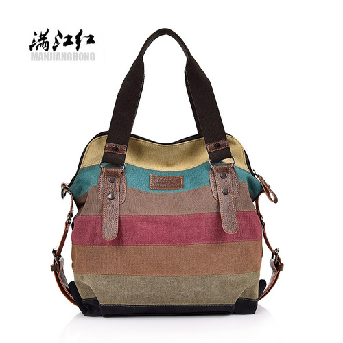 2024 new cross-border supply European and American retro canvas handbag women's rainbow stitching large capacity crossbody shoulder bag